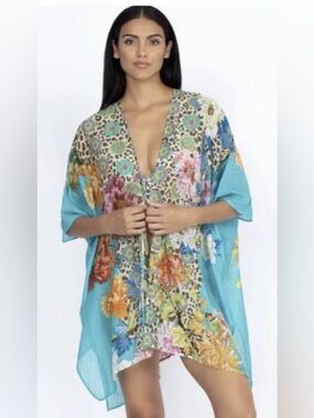 Johnny Was Silk Blend Floral Leopard Tassel Tie Kimono Boho L/XL